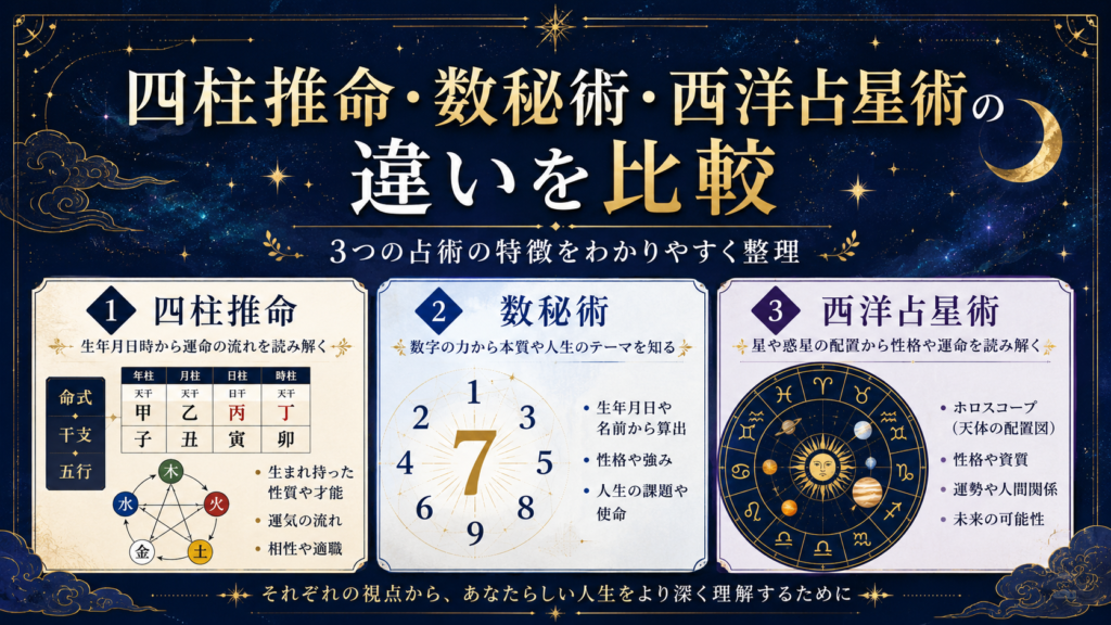 四柱推命・数秘術・西洋占星術の違いを比較